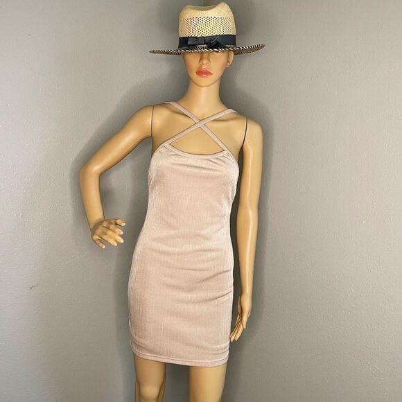 NWT Fiestar Nude Bodycon Mini Dress with CrissCross Straps in Front Size Medium - Picture 2 of 11